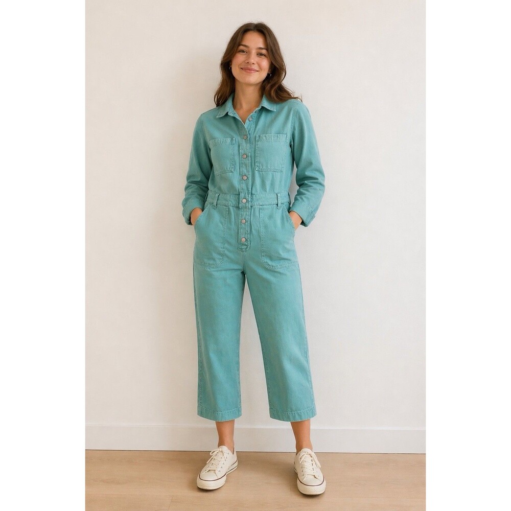 Madewell Zip-Front Coverall Jumpsuit Womens Workwear L Blue Green Twill Festival